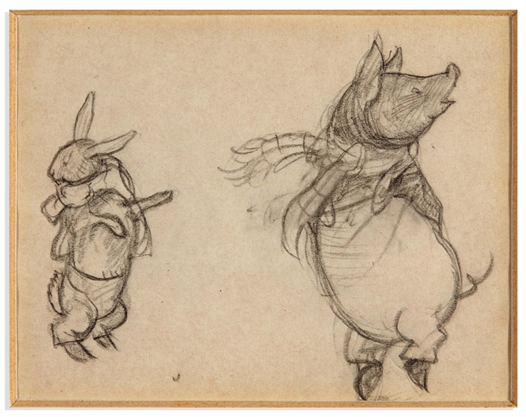 E.H. Shepard Drawing of a Rabbit & Pig Dancing, Titled ''Dogs, Ow! - Stick, O My!'' -- Done for ''Bertie's Escapade''